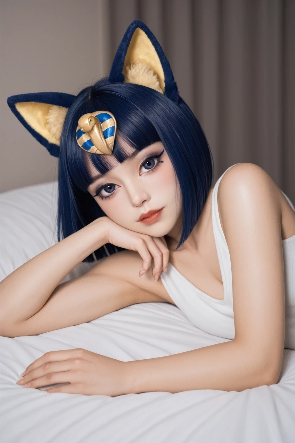 score_9, score_8_up, score_7_up, BREAK,
 1girl, ankha \(animal crossing\), Lying on the bed, on her side, leaning on one arm, looking at the viewer, sensual face, at night,  High dynamic range, vivid, rich details, clear shadows and highlights, realistic, intense, enhanced contrast, highly detailed