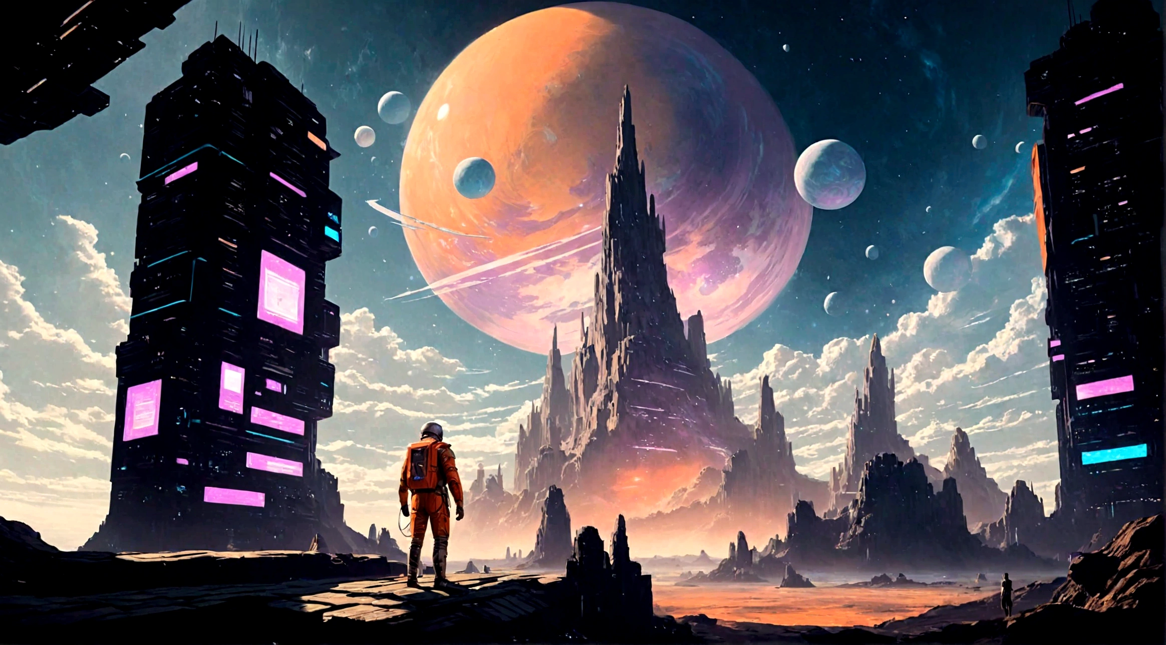 un homme debout sur une surface rocheuse regardant les planètes, art de science-fictionwork, Fond d'écran fantastique de science-fiction, science-fiction spatiale, art de science-fictionwork, Espace fantastique, art de science-fictionwork, art de science-fiction, fond d'amazing screen, art de science-fiction, art de science-fiction, galaxy science-fiction spatiale, Digital science fiction art, art fantastique de science-fiction épique, art de science-fiction
