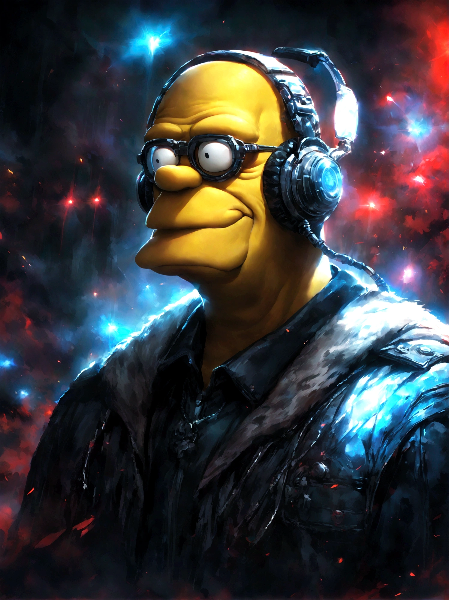 cafeteria,Os Simpsons,Homer Simpson toca baixo,Homer Simpson,dramatic lights,dramatic colors,no palco,Um cara,Tocar baixo