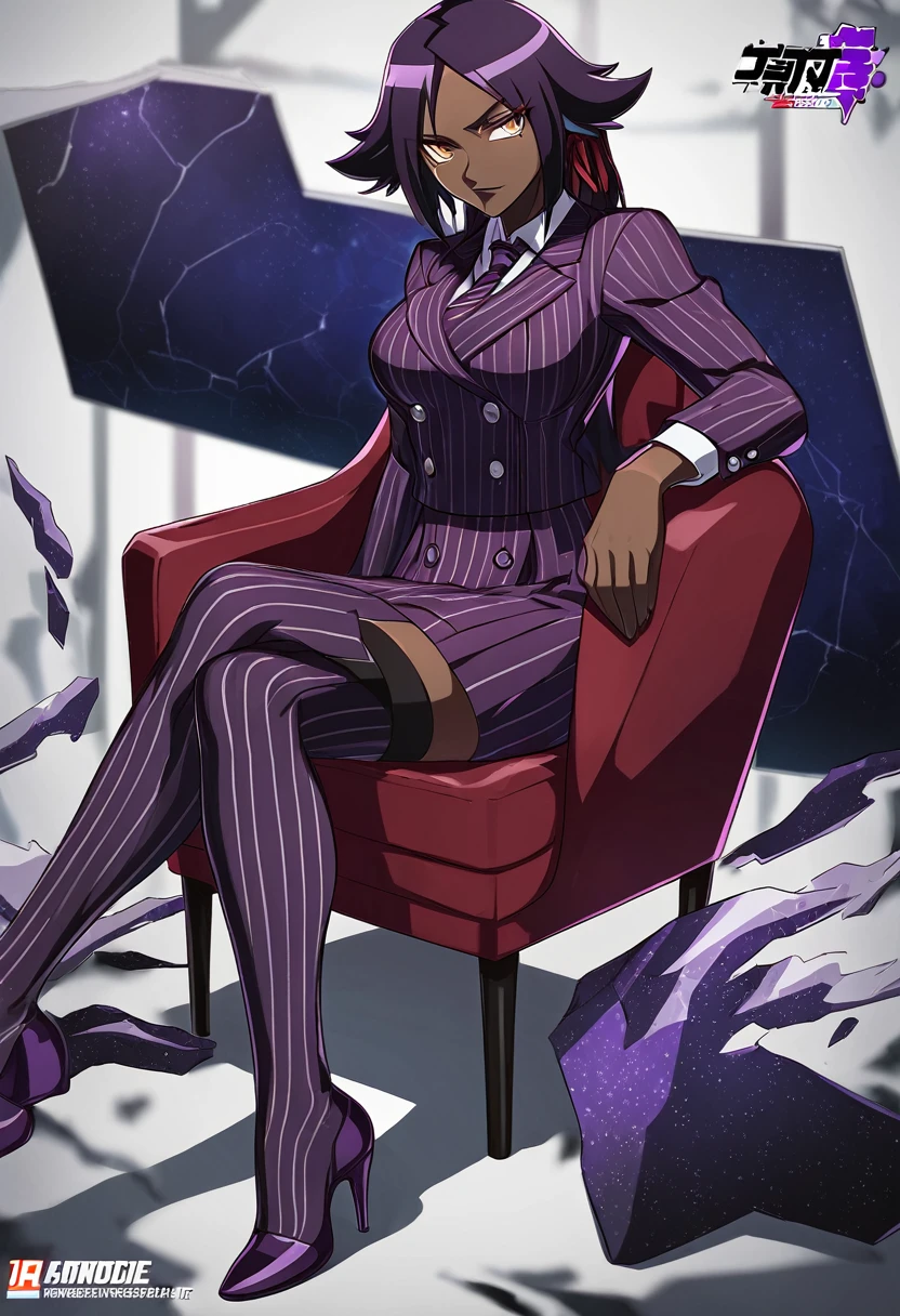  Full body Yoruichi as a thin Black business woman in a double breasted pinstripe purple  skirt suit while wearing a tie with a long purple pinstripe skirt and with purple knee sock’s wearing purple heels while sitting full art anime 