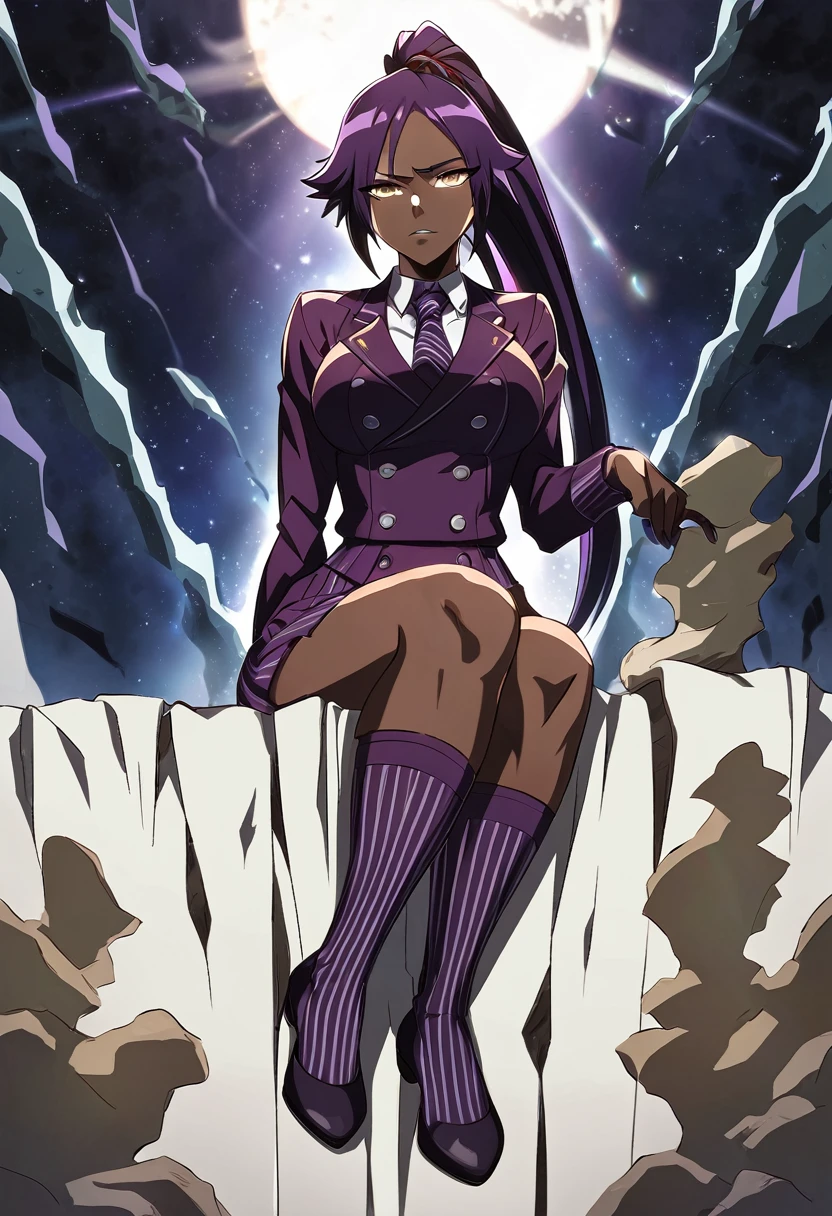  Full body Yoruichi as a thin Black business woman in a double breasted pinstripe purple  skirt suit while wearing a tie with a long purple pinstripe skirt and with purple knee sock’s wearing purple heels while sitting full art anime 