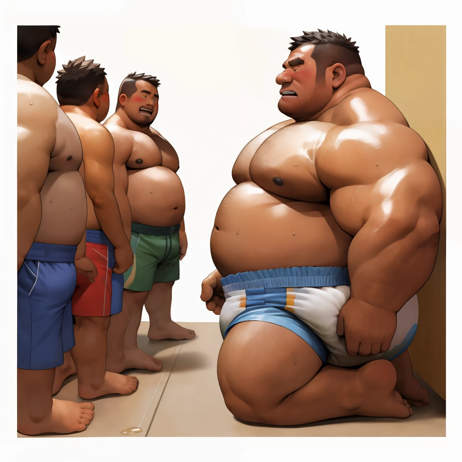 masterpiece, Top quality, in 32K, perfect anatomy, hyper detailed, super fine illustration, The thick man is a brutal prisoner, retarded, hairy human, 50yo in Japan, (fatness: 1.0), Fatty muscle, Bowleg, disappointment, incontinent, shy, sissy, Weaker than children, Drool, Round face, be diaper check by children, waddle, There is a small puddle under him, incontinent, Naked, short legs, Bowleg, spread legs, wear a White cloth Diaper, Bare belly, Bare legs, Bare foots, Bare soles, Shirtless, wide forehead and short thinning hair, Man with round face with stubble, Bare foots, Bare soles, He enters nursery school and is despised by children, He surrounded by children, His bottom is wet, Bare foots, big butt, he is scolded by the children, White Diaper, He surrounded by children, sobbing, wear a White cloth Diaper, shirtless, There is a small puddle under him, He enters nursery school and is despised by children, big butt, sobbing, He crawling to go to children, on all fours, side view