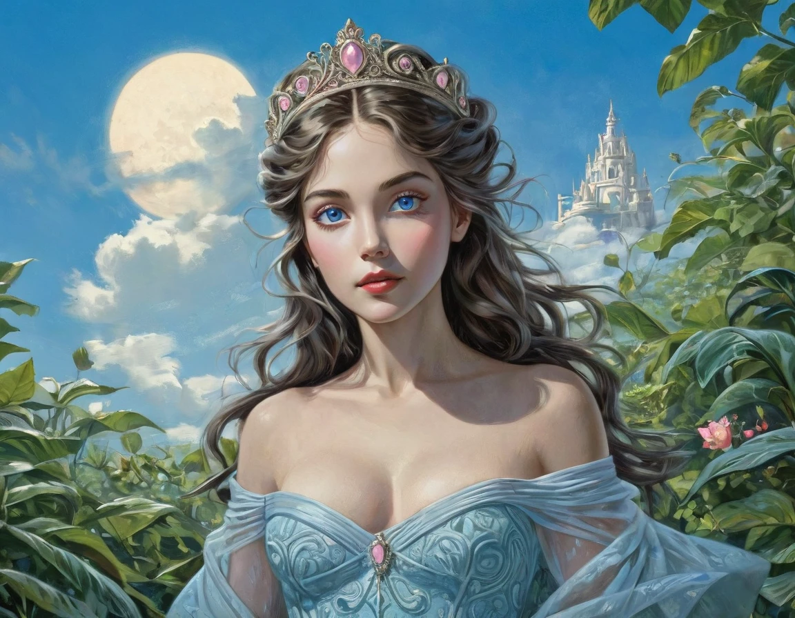 a beautiful princess in a lush garden, vibrant blue sky, detailed face and eyes, volumetric lighting, intricate details, photorealistic, high class fashion, masterpiece, professional digital art, cinematic color palette, using a palette of light pink, muted blue, dark grayish blue, bright blue, very dark gray, and light grayish blue