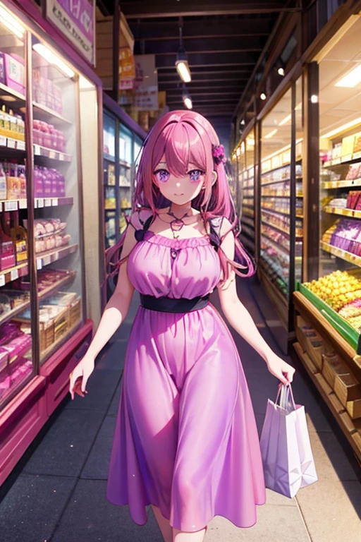 A pink haired woman with violet eyes with an hourglass figure in a cute summer dress is shopping in the market
