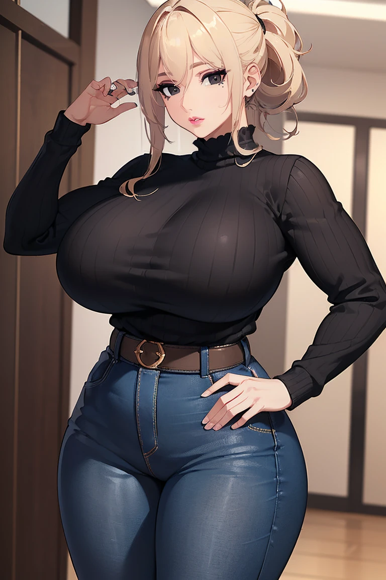 (Uhd, Masterpiece, Textured Skin, Super Detail, High Details, High Quality, Best Quality), Detailed Face, 1woman, mature pretty woman:1.5, ((Wide hips, thick thighs, massive huge breasts)), Blonde hair tied up, (Black sweater shirt), jeans, (Huge Body), (Hair tied up with side bangs)