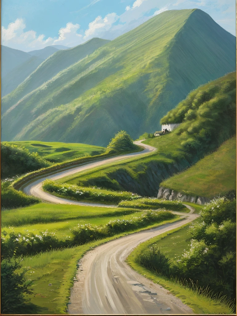 landscape turning into a painting, there is a stone road between ancient houses, the road turns to canvas, on cardboard a mountain going to the seashore, framed painting -ar 3:4 -niji 6