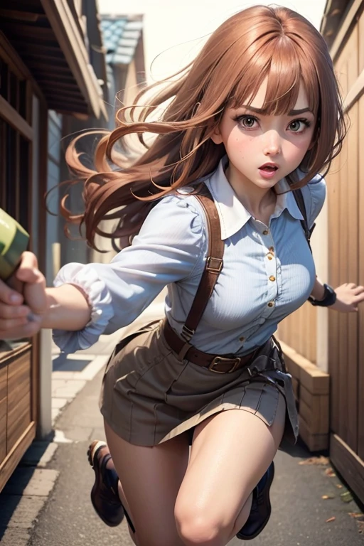 Particularly distinctive are Blunt bangs,Blunt bangs, chin length, without vertical parting,Pinkish-Brown hair and large gold-brown tinted eyes,Soft skin tone with a hint of blush on the cheeks,A small nose and a lively,Wearing a blouse with a white collar and a blue apron,Pose running forward,Threatening expression,background pure white,Monster Hunter style、Have a hammer