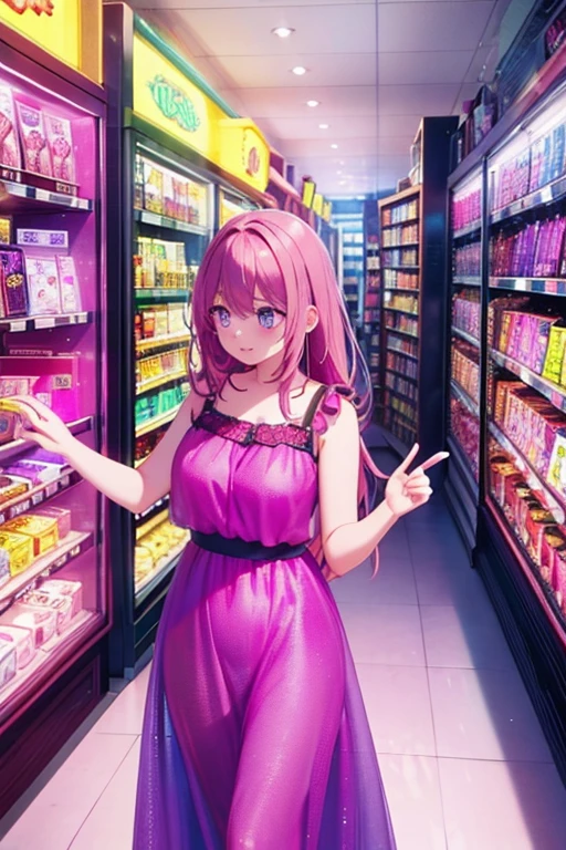 Mass-produced Android housewife assembly line. Display case. Plastic skin, purple hair, purple eyes, nsfw