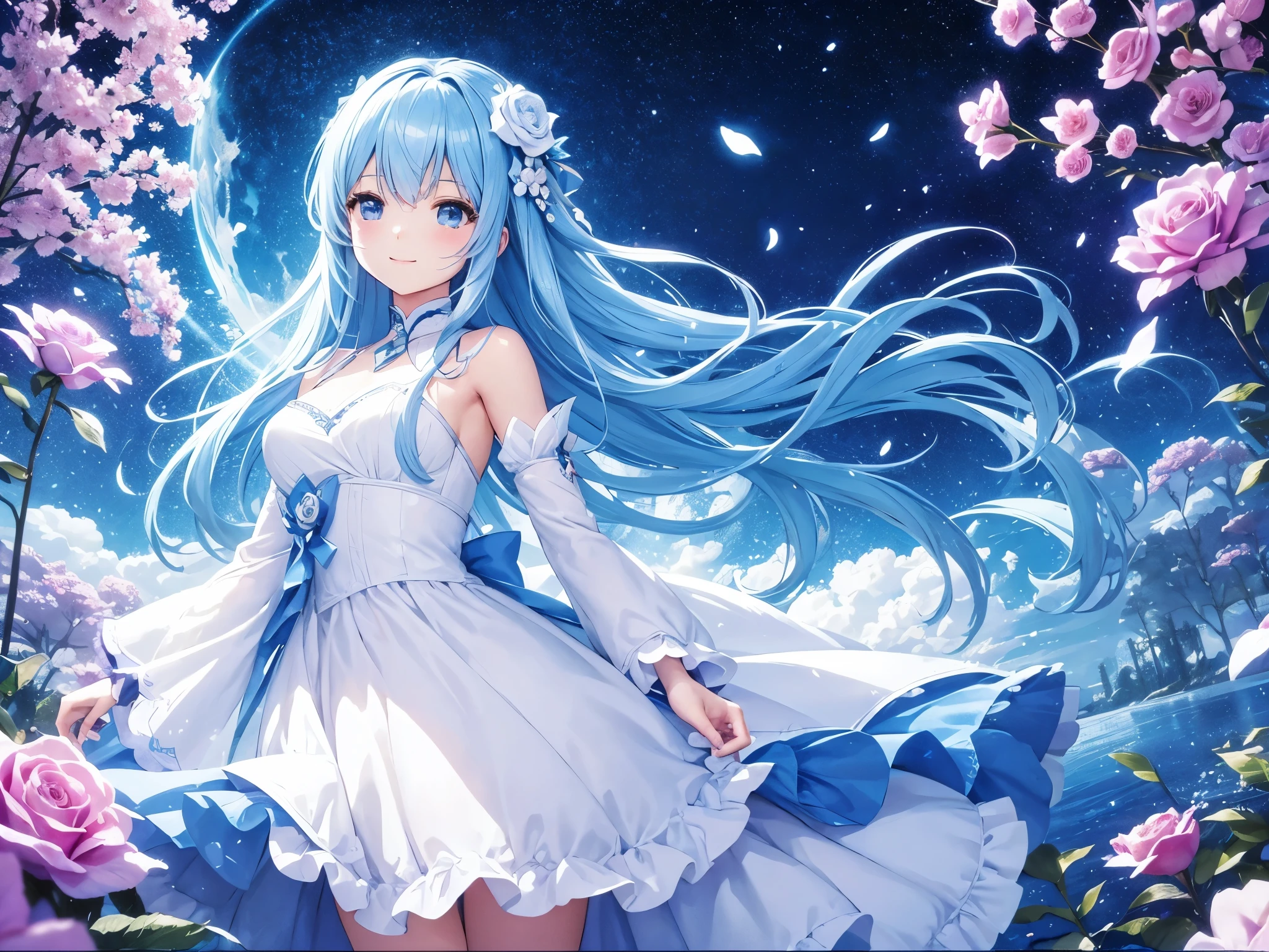 (High resolution、Super detailed、Hmph、movie)、alone、One Girl、happiness、Girl Standing In Cosmos Flower Garden、Girl around the petals、Cute Smile、Ezvian everywhere、Girl with long blue hair、Light blue hair、look forward to、Fantasy、Official Art、Pop Art、profile、Super detailed顔、Super detailed目、rose garden、Super detailedフィールド、White blue sky、 cold、light blue、Blanche、Nebula in the sky、Rose Splash Art、watercolor、pastel colour