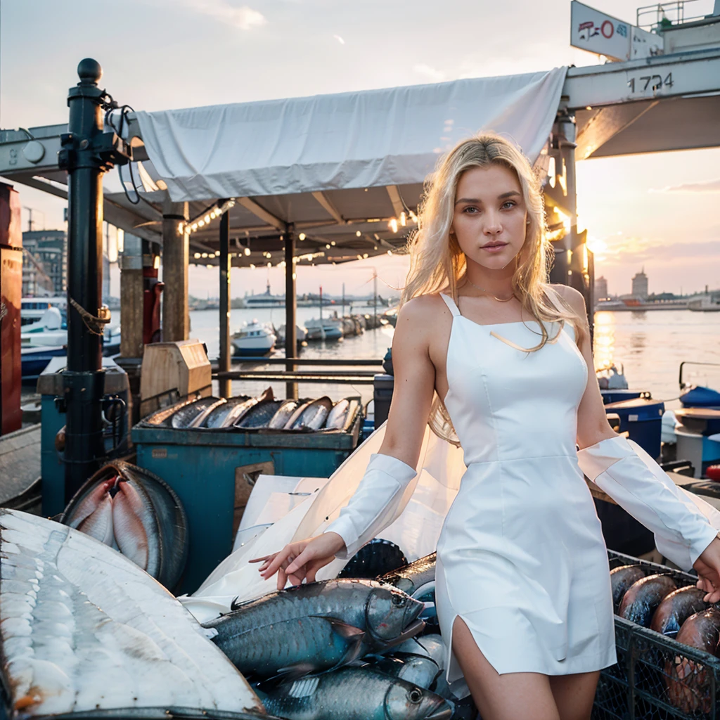 Female supermodel. Billingsgate Fish Market, London. White evening dress. Sunset