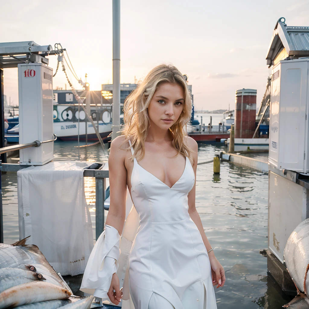 Female supermodel. Billingsgate Fish Market, London. White evening dress. Sunset