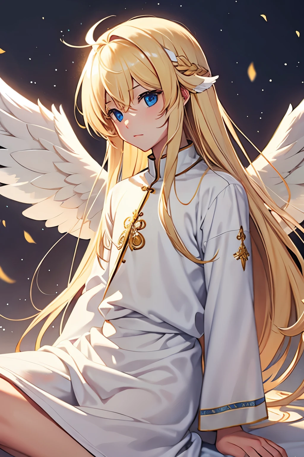 blond long hair angel boy wearing white tunic with angel wings