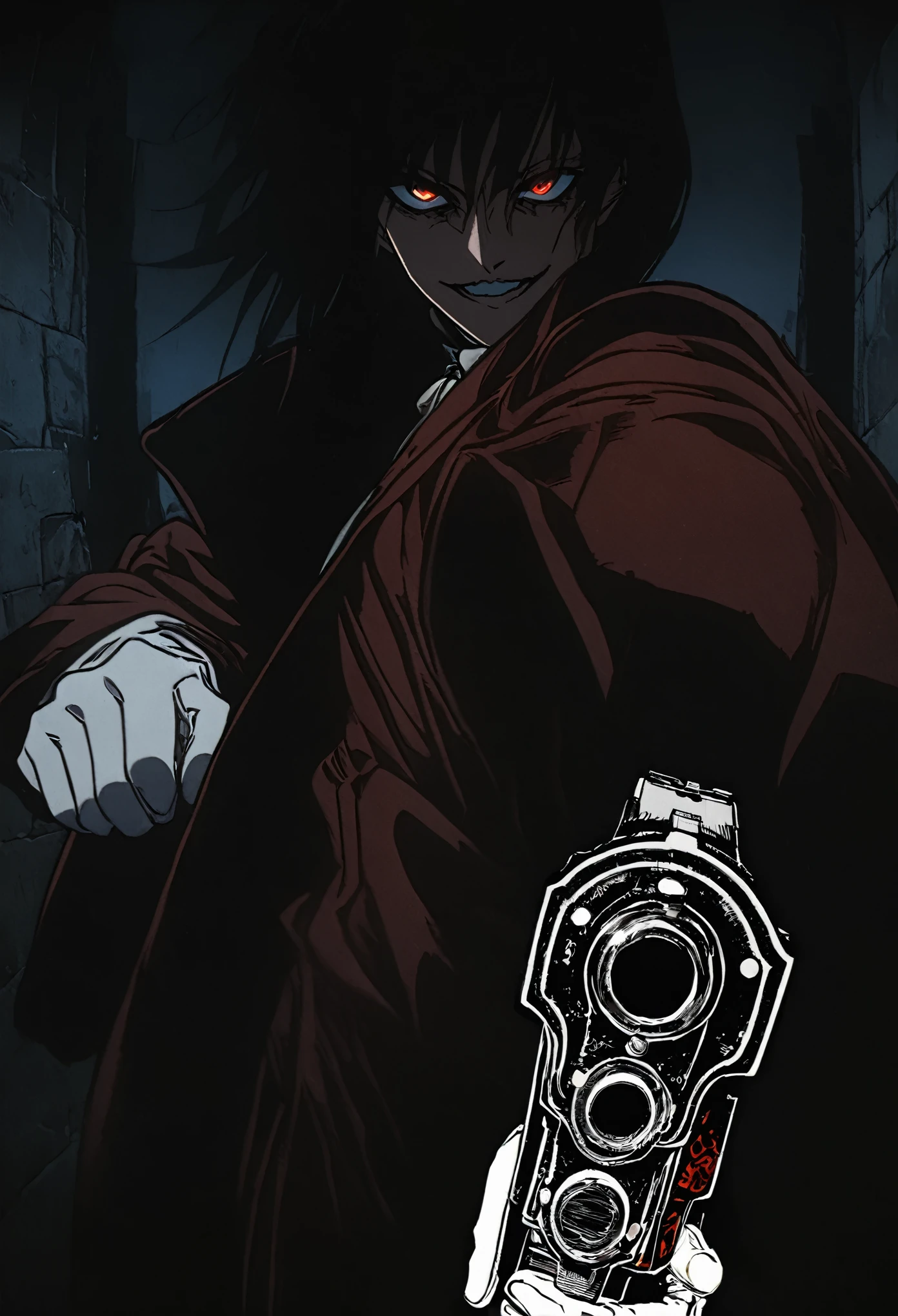 Alucard from "Hellsing" in close-up, in high quality.  Fisheye effect, focusing the image on the barrels of their distinctive engraved pistols, the Jackal and the Casull, pointing directly at the viewer.  The image shows his iconic red outfit in great detail, with the crimson coat fluttering slightly in the wind, and his white gloves with pentagrams clearly visible.  In the background, his face is clearly seen, with crimson eyes shining with malice and a cynical smile that reveals his sharp fangs.  The atmosphere is dark and oppressive, with high contrast to intensify his aura of terror.