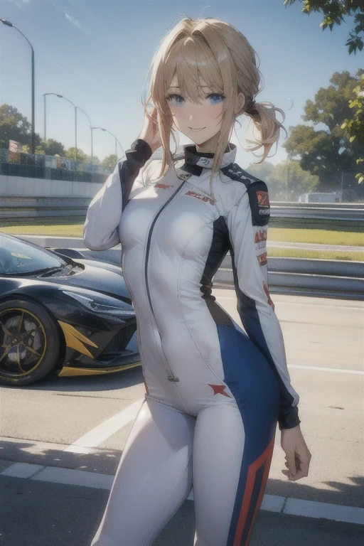 masterpiece, best quality, detailed,Super high quality0,perfect anatomy,beautiful light and shadow, ,Beautiful white skin ,blond hair,blue eyes,disheveled hair,slim,adult,woman in her late 30s ,1woman,Violet Evergarden,
,Various poses,various expressions,various hairstyles,from various directions,
smile,happiness,
Racing suit for auto racing,hold a helmet under one's arm,have a helmet
outdoor,circuit,stand in front of a racing car,