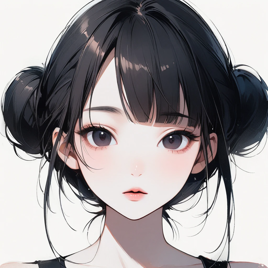 Woman, slim, pale, pure, simple, white background, face close-up, black hair, black eyes, straight bangs, asian eyes, slanted eyes, small eyes, narrow eyes, Chinese eyes, buns, ethereal, lipgloss