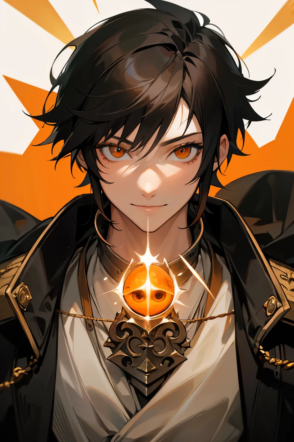 orange eye,portrait,Black hair with white highlights,youngboy,orage,Middle Ages,smile,25 age,middle ages jacket,final fantasy
