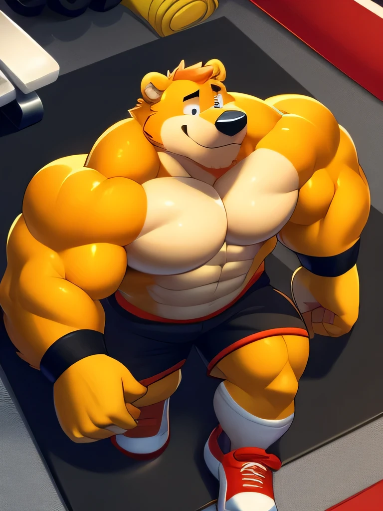 By Greenendorf, A solo shirtless muscular Grizzly Bear huge buff muscles wearing black gym shorts, black wristbands and black gym shoes, 200 pushups on a mat at the gym intensely working out with lots of muscles detailed eyes Disney 2D art style 4K Furry art