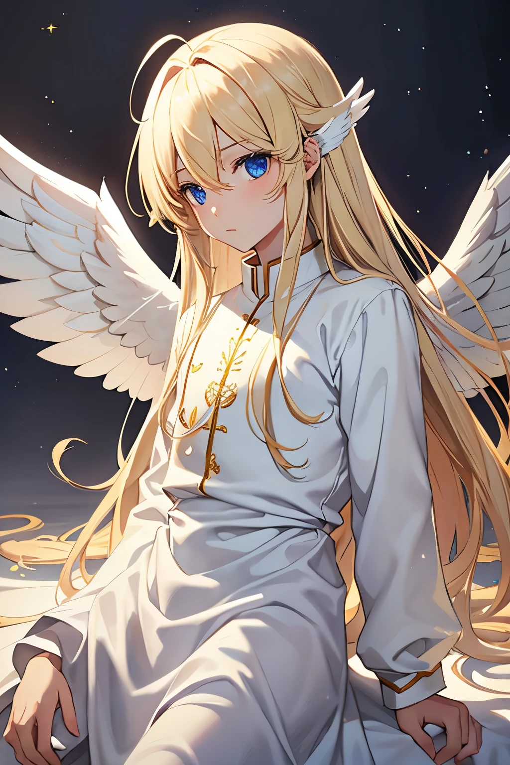 blond long hair angel boy wearing white tunic with angel wings. more detailed eyes white background