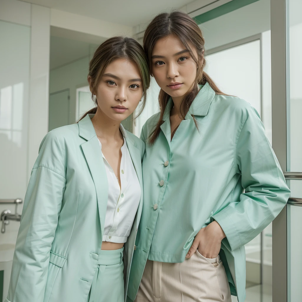 Female supermodel. Singapore Chinese. Pioneer, Singapore. Pastel green doctor coat. White formal shirt. Pastel green trousers. Close-up.