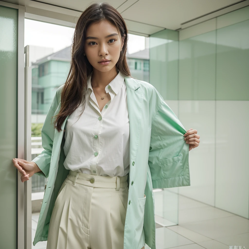 Female supermodel. Singapore Chinese. Pioneer, Singapore. Pastel green doctor coat. White formal shirt. Pastel green trousers. Close-up.