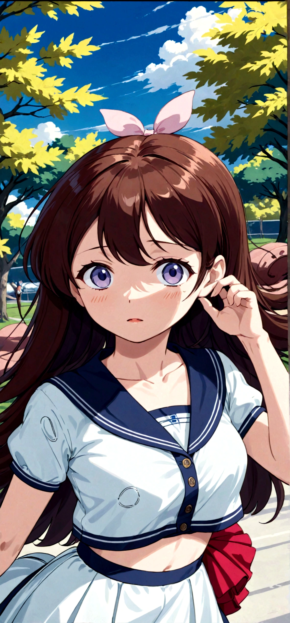 Low - Angle、Long skirt、強WindでHolding the flipping skirt with your hand、強WindでWhite cotton pantiesが見えている、:((Holding the flipping skirt with your hand))Low - Angle8Kで、highest quality、masterpiece、Ultra-detailed、Ultra-high resolution、Anime Style、1. High school girl、強Wind、((Holding the flipping skirt with your hand))、(impatient)White cotton panties:1.5), (Wind:1.25), (highest quality:1.0), (masterpiece:1.0), (Ultra-fine illustrations:1.0), ネイビーブルーのLong skirt、
、Lined、