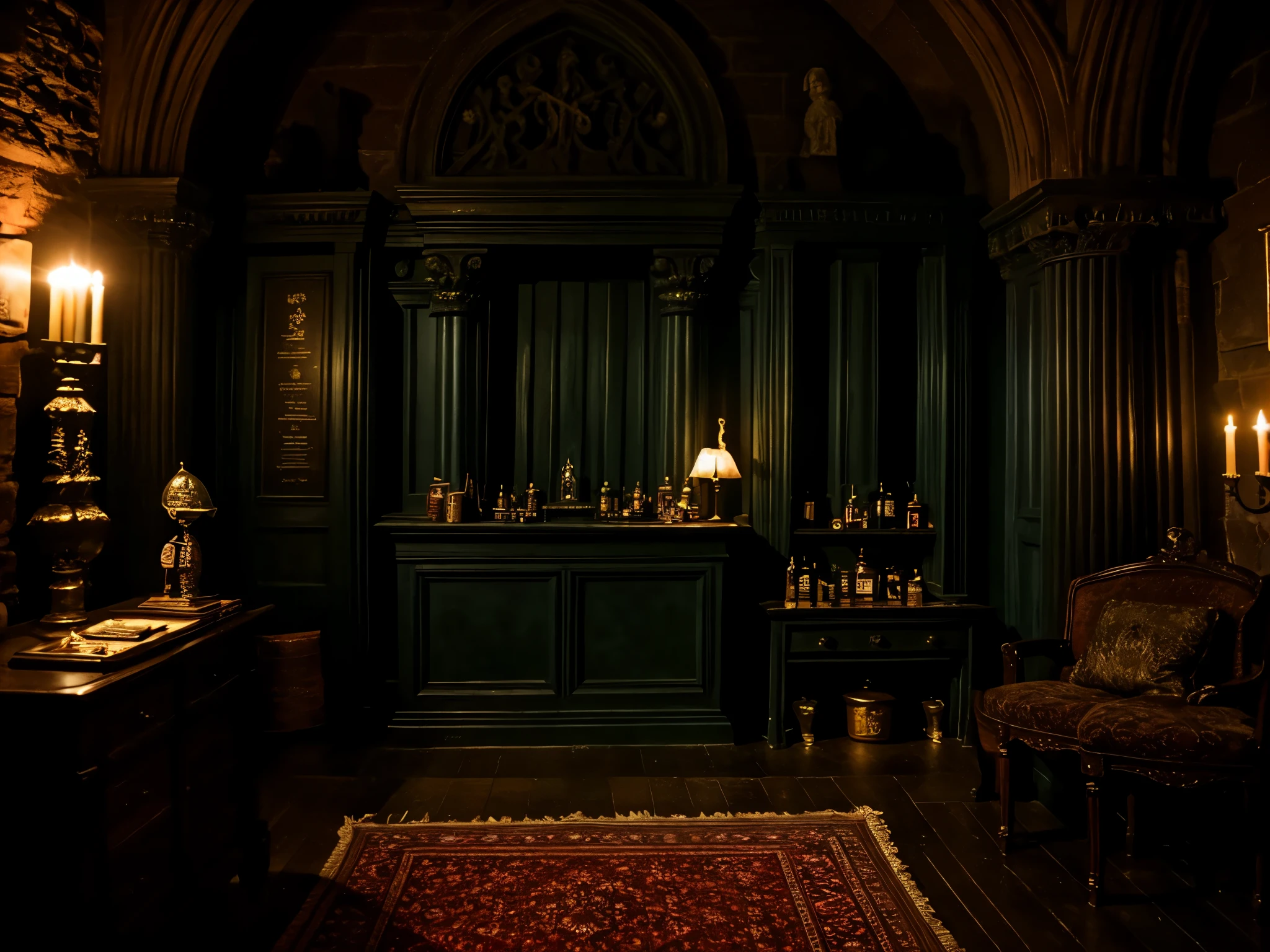 masterpiece, "room of requirement vibe", 4k, slightly dim light, harry potter, with some magical decorations, potions, darker with slightly dark tone,