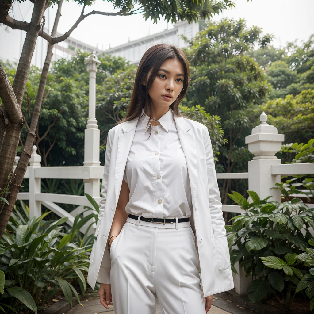 Female supermodel. Singapore Chinese. Jurong Bird Park, Singapore. White doctor coat. White formal shirt. White trousers. Close-up.