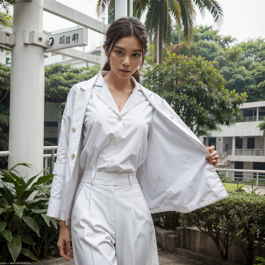 Female supermodel. Singapore Chinese. Jurong Bird Park, Singapore. White doctor coat. White formal shirt. White trousers. Close-up.