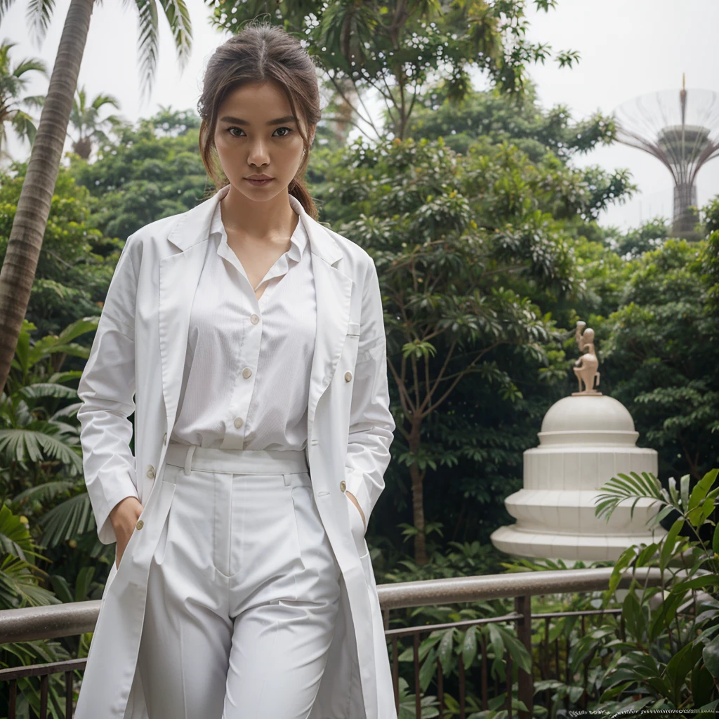 Female supermodel. Singapore Chinese. Jurong Bird Park, Singapore. White doctor coat. White formal shirt. White trousers. Close-up.