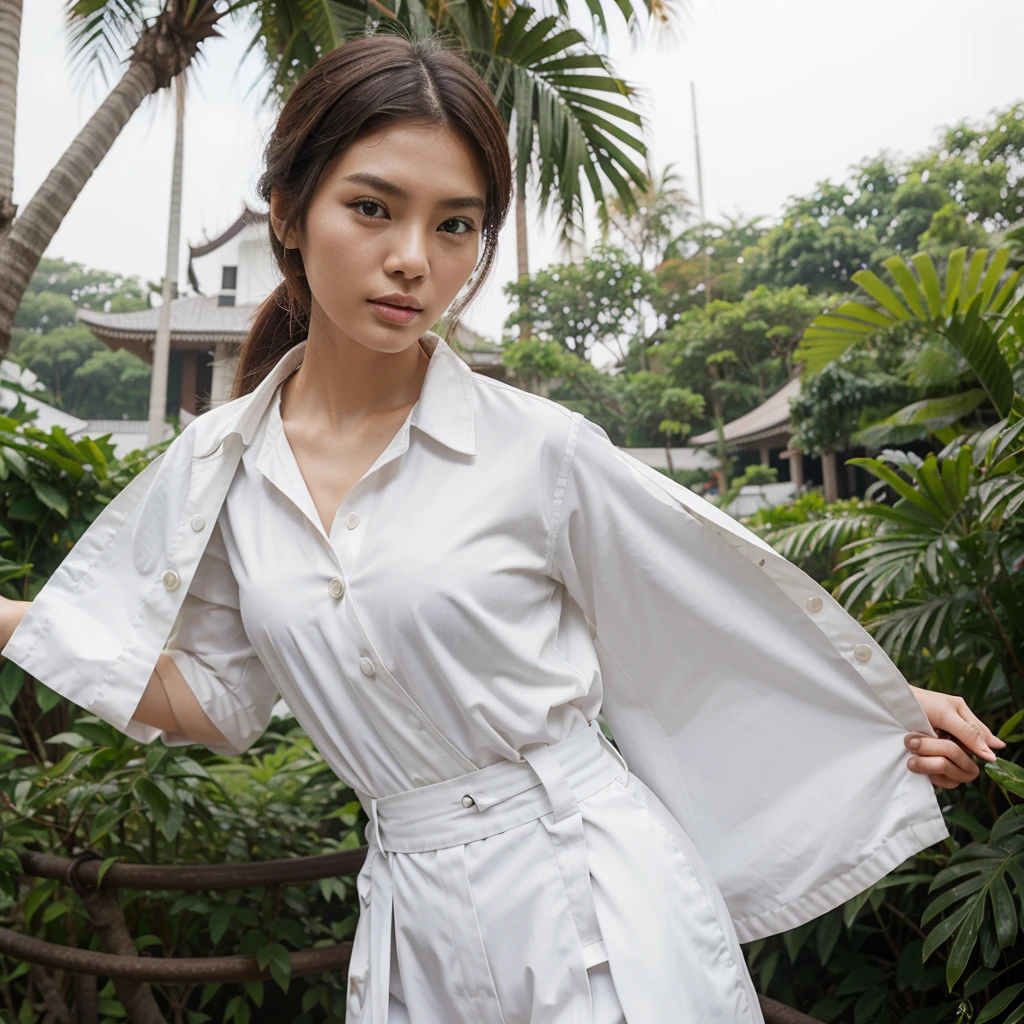 Female supermodel. Singapore Chinese. Jurong Bird Park, Singapore. White doctor coat. White formal shirt. White trousers. Close-up.