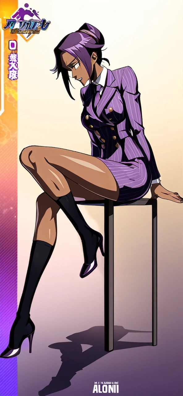  Full body Yoruichi as a thin Black business woman in a double breasted pinstripe purple  skirt suit while wearing a tie with a very long purple pinstripe skirt that covers the legs and with long black knee socks full art and make her sit down also give her thin legs and purple heels