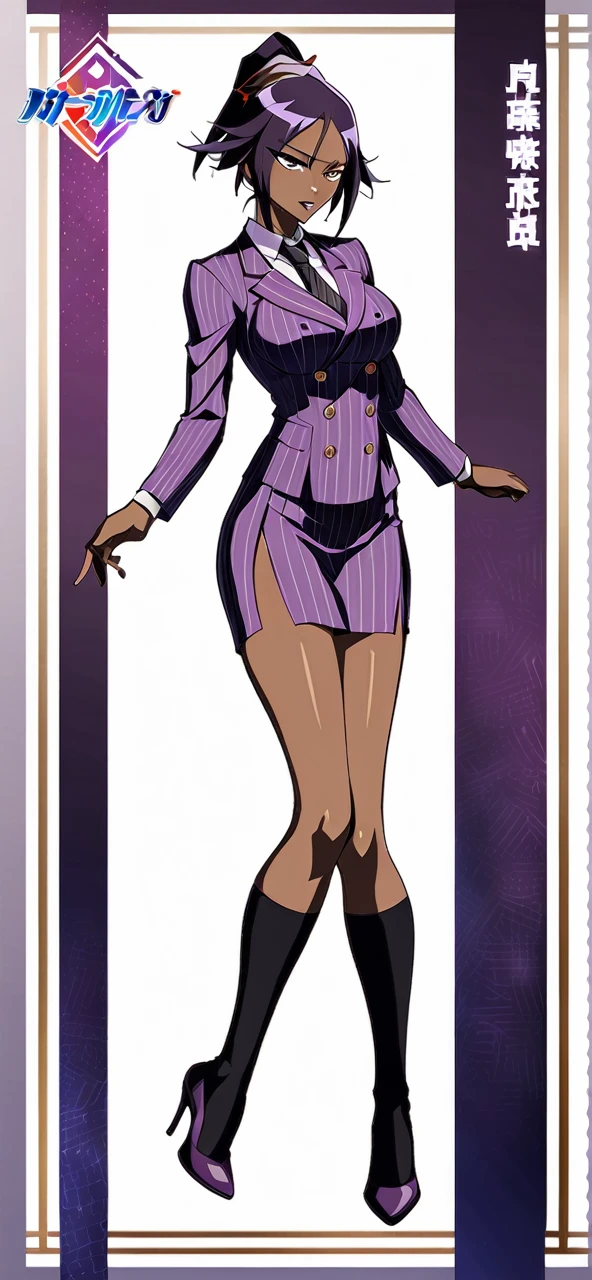 Full body Yoruichi as a thin Black business woman in a double breasted pinstripe purple skirt suit while wearing a tie with a very long purple pinstripe skirt that covers the legs and with long black knee socks full art and make her sit down also give her thin legs and purple heels