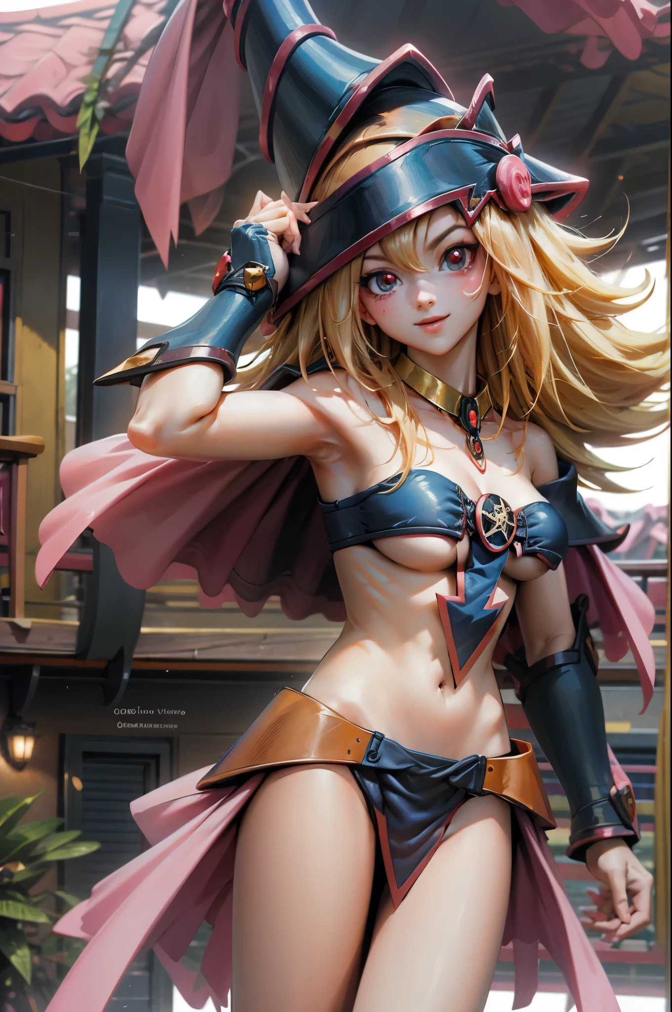 Crea el hermoso rostro de dark magician gils. Ojos azules. Labios rosados. Tes blanca. Cabello rubio. girl smile. Hombros destapados y en bikini. Collar en el cuello. Rostro de dark magician gils . En bikini. Pose sensual y inocente . Hot y nude