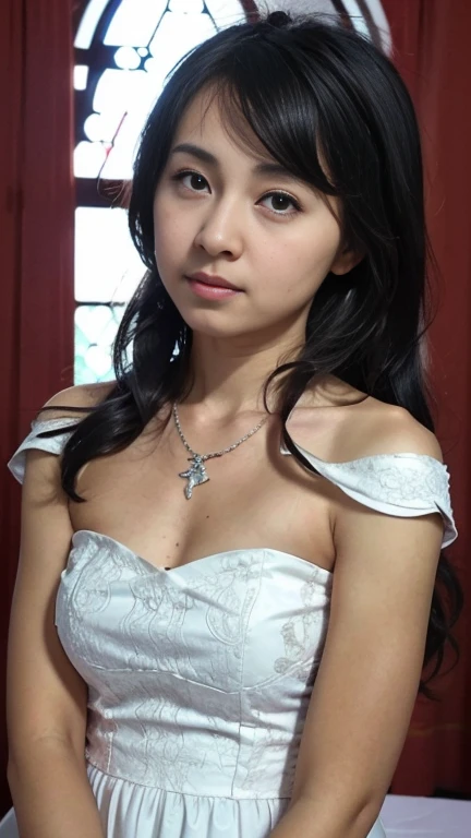 photo, photo realistic, (photorealistic:1.4), best quality, high quality, 4K, RAW, masterpiece, realistic lightning, beautiful face,
1girl, solo, (18 years old), (japanese:1.3), gravure idol, (medium breasts),
black hair, (medium hair:1.2), (wavy hair:1.2),
((light) pink lips:1.3), closed mouth, (smiling:0.8),
(bride:1.2), (((white)) wedding lace dress:1.2), wedding veil,
looking at viewer, (upper body), (beautiful arms:1.2), (front view),
BRAKE,
(outdoors:1.4),