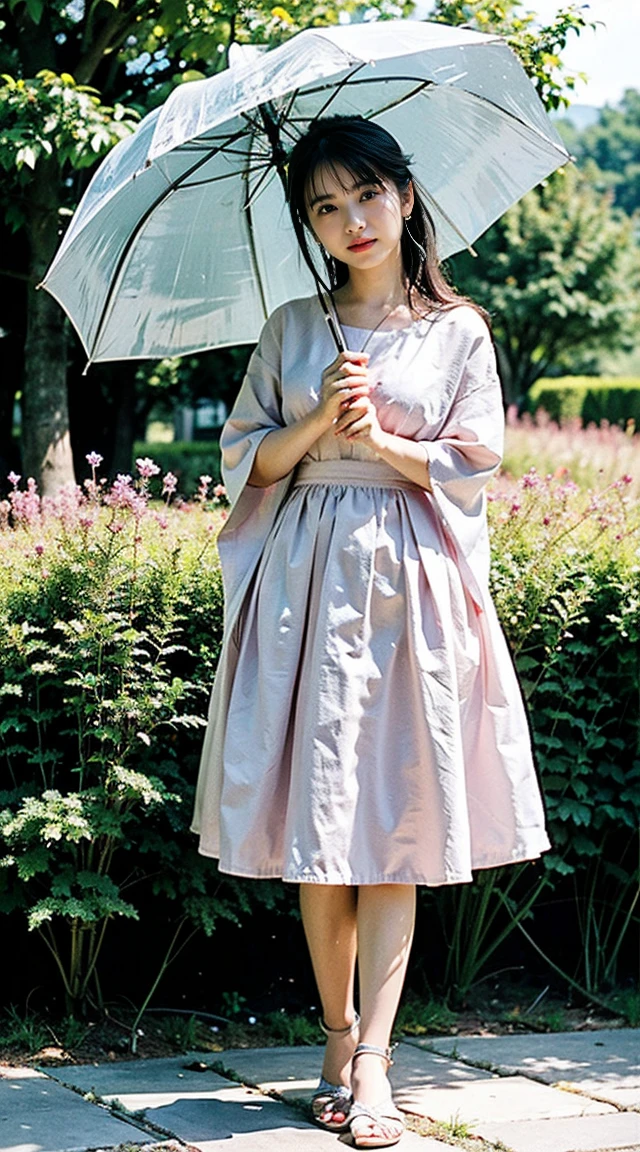 (8k、RAW Photos、highest quality、masterpiece:1.2)、(Realistic、Realistic)、1 girl、Dresses for summer、Holding an umbrella、Full body shot、Lots of eyelashes、Add shine to your eyelids、skeletally correct、Sweaty body、Beautifully trimmed fingertips、smile、Wet day、garden