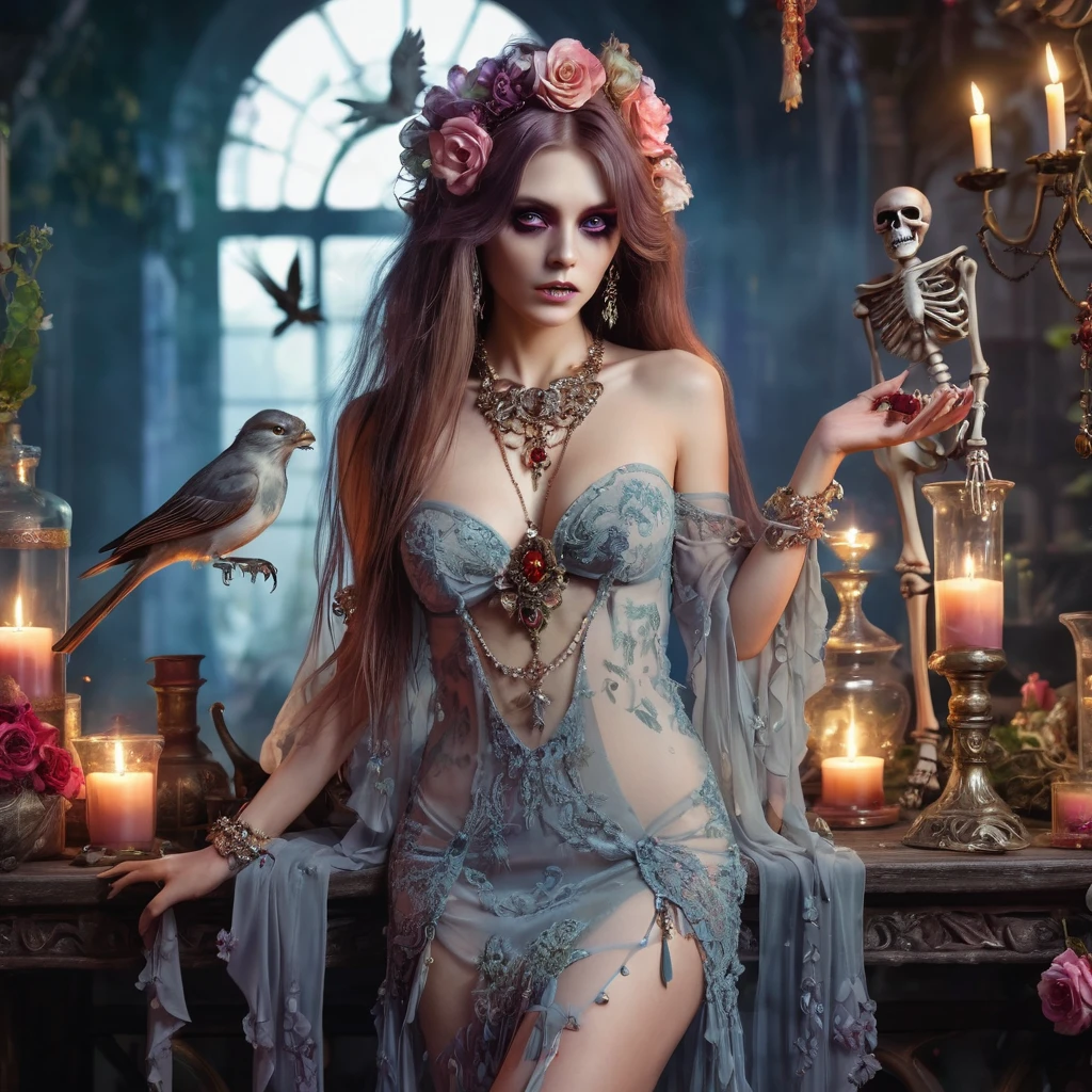 topless zombie girl, long bloody hair, seductive eyes, mysterious expression, mature appearance, charming sheer dress, flowing short dress, elegant jewelry, intricate decoration, magic symbols, glowing accessories, potions, scrolls, cute accents, bows, ribbons, flowers, birds, skeleton