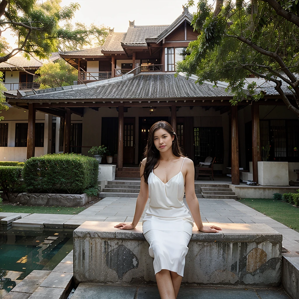 Female supermodel. Sits on granite bench. Jim Thompson House Museum. White evening dress. Sunset.