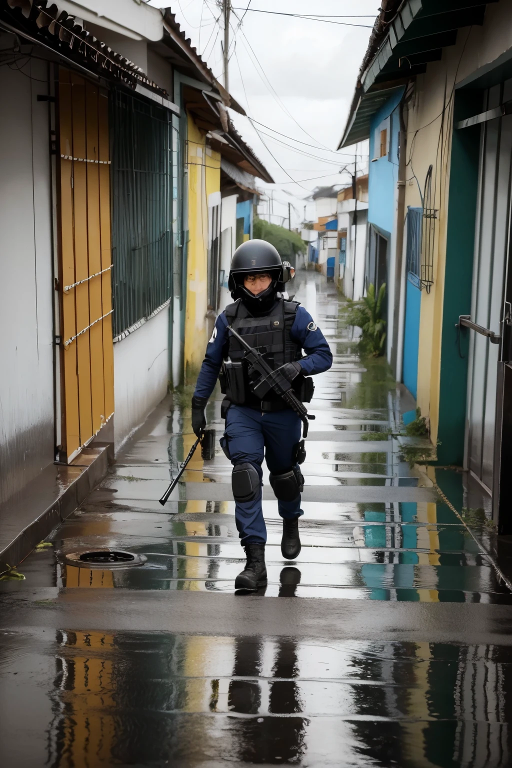 um garoto andando pela favela de guarda chuva e um policial apontando uma arma para ele
