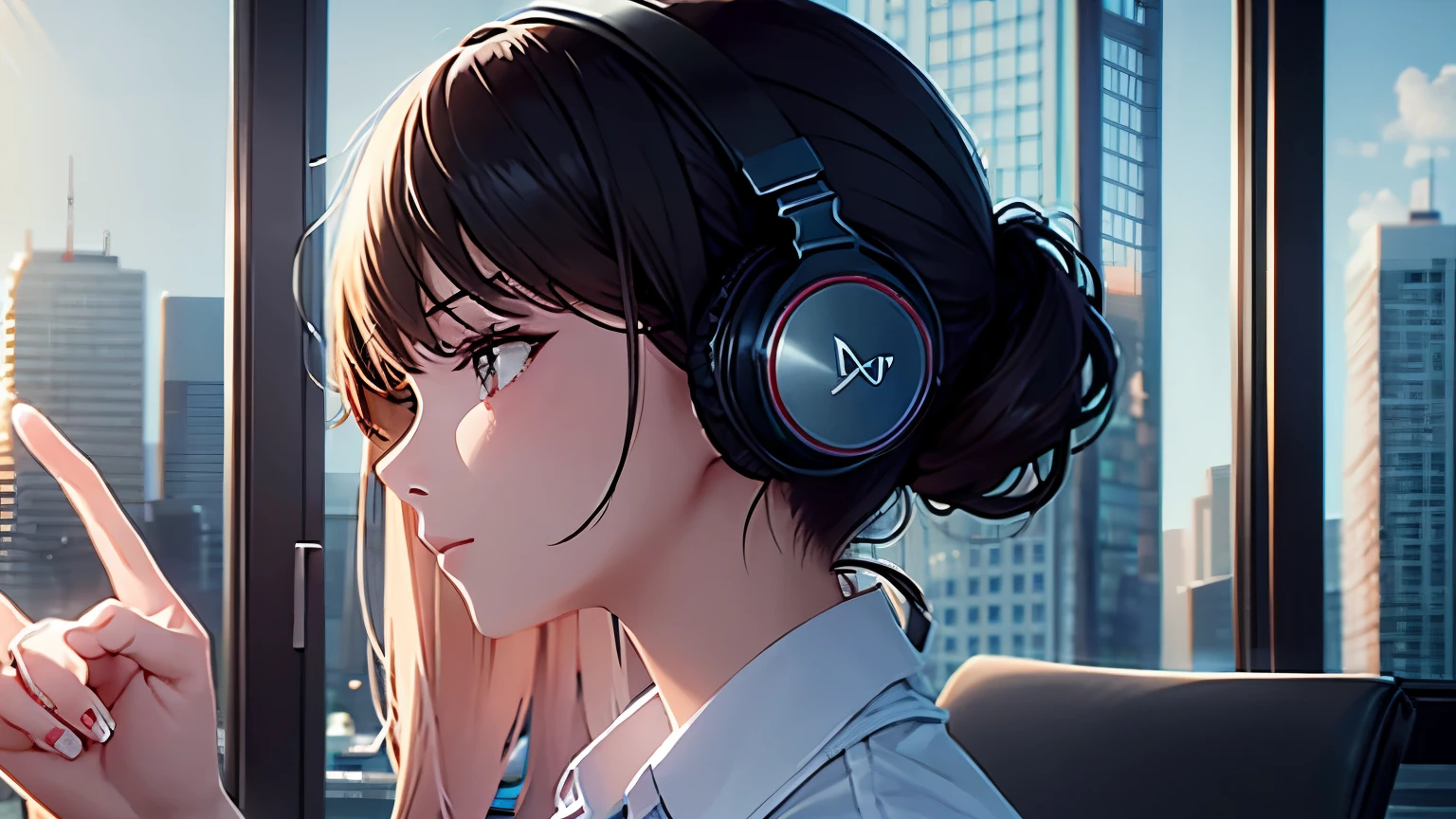 A beautiful businesswoman working with headphones on, concentrating at her desk in a high-rise building It's raining outside Japanese anime style