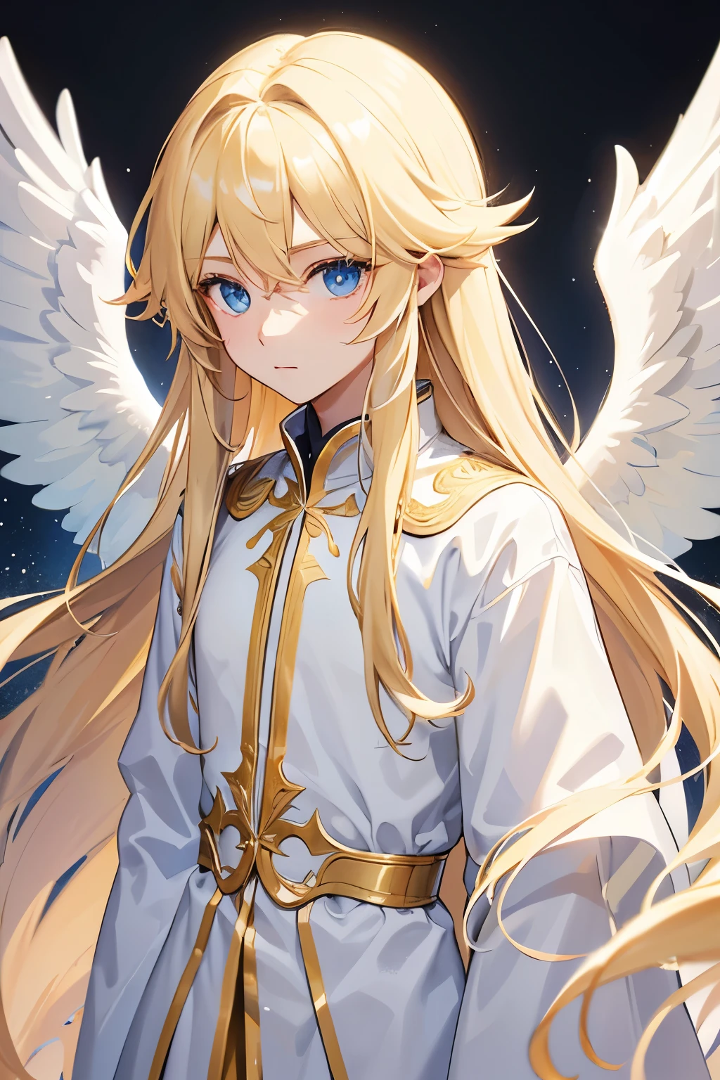blond long hair angel boy wearing white tunic with angel wings. more detailed eyes white background