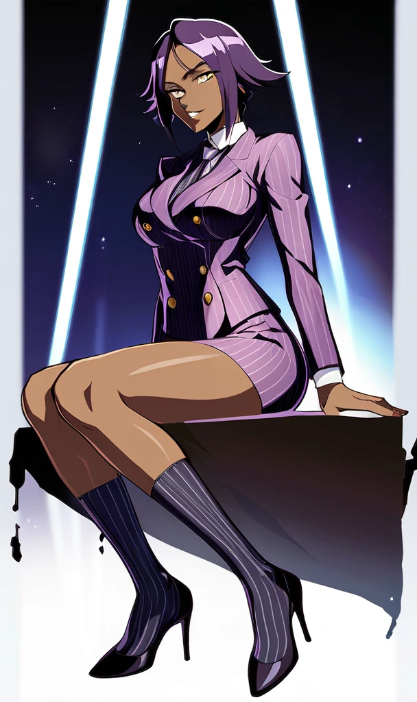  Full body Yoruichi as a thin Black business woman in a double breasted pinstripe purple  skirt suit while wearing a tie with a very long purple pinstripe skirt that covers the legs and with long black knee socks full art and make her sit down also give her thin legs and purple heels