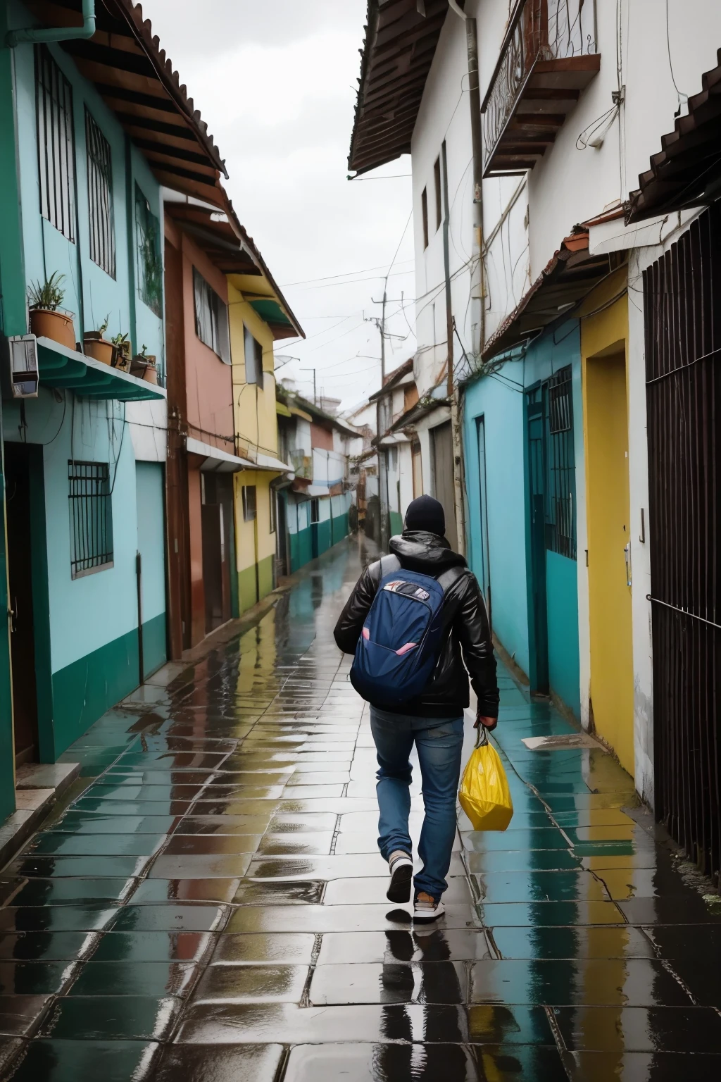 um garoto andando pela favela de guarda chuva 