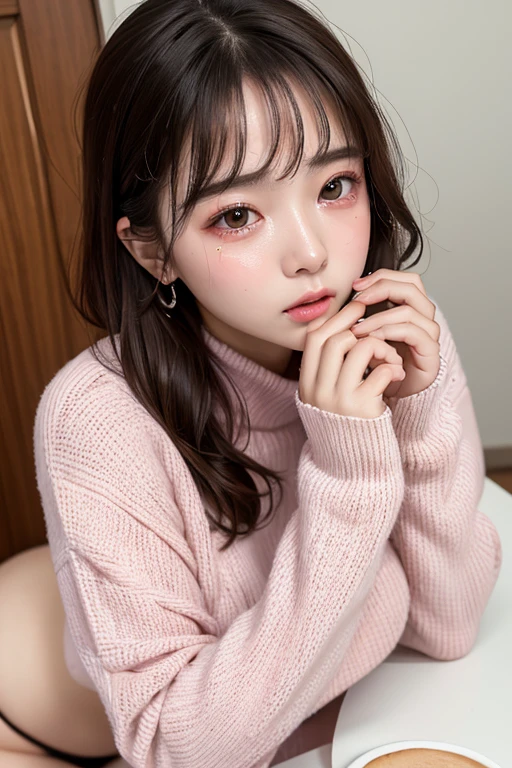 8K, highest quality, masterpiece, Ultra-high resolution, Top view, Close-up, One girl, Apply blush all over the face, (Heavy breathing), White Breath, (Contorting the mouth), (Tears), Sitting, Loose sweater