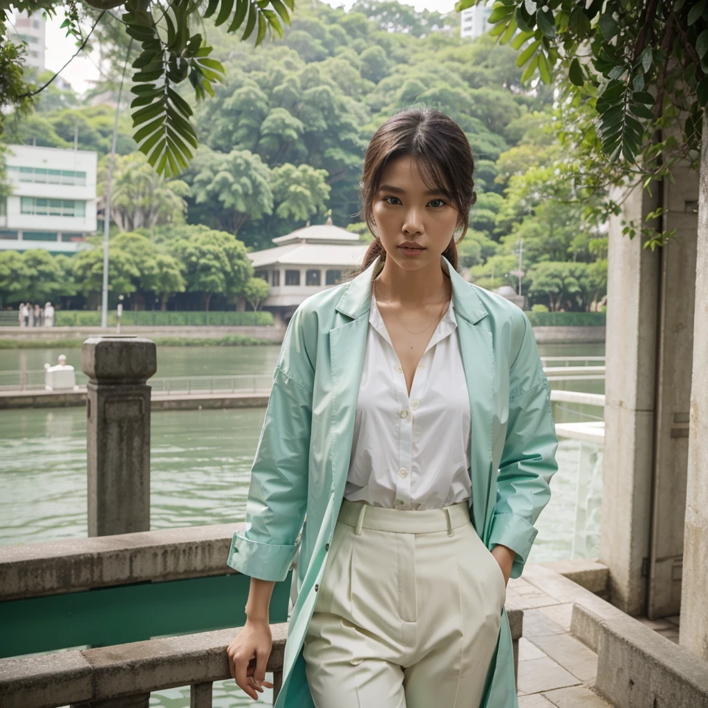 Female supermodel. Singapore Chinese. Singapore river, Singapore. Pastel green doctor coat. White formal shirt. Pastel green trousers. Close-up.