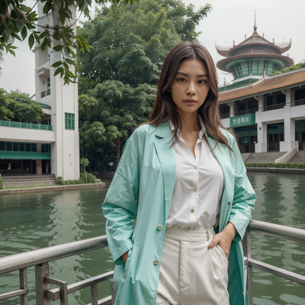 Female supermodel. Singapore Chinese. Singapore river, Singapore. Pastel green doctor coat. White formal shirt. Pastel green trousers. Close-up.