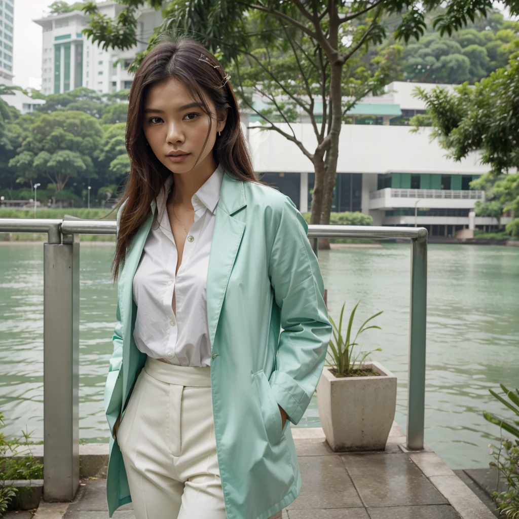 Female supermodel. Singapore Chinese. Singapore river, Singapore. Pastel green doctor coat. White formal shirt. Pastel green trousers. Close-up.