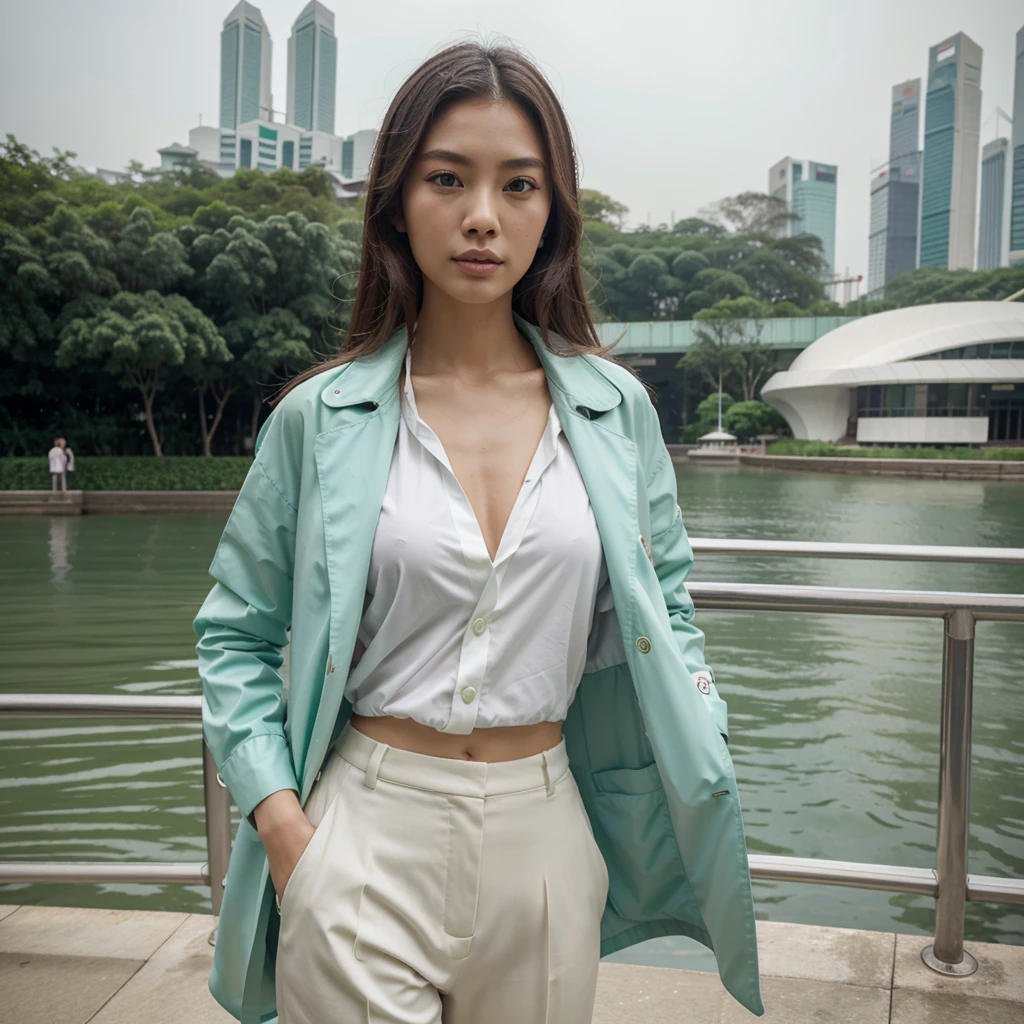 Female supermodel. Singapore Chinese. Singapore river, Singapore. Pastel green doctor coat. White formal shirt. Pastel green trousers. Close-up.