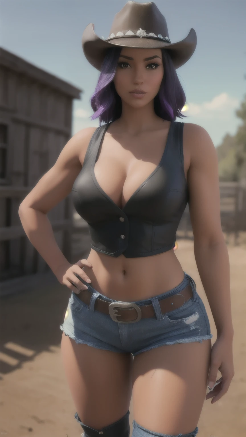 (Highly quality, highly resolutions, highly detailed, masterpiece), Western theme, Western background, 1girl, standing pose, leather top, black top, cowboy pants, black jeans, cowboy hat, black/purple hair, brown skin tone, cleavage, sexy body,