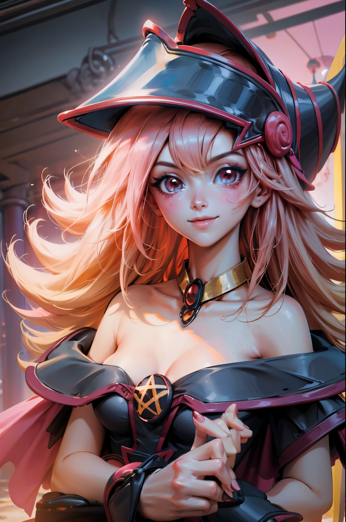 Crea el hermoso rostro de dark magician gils. Ojos azules. Labios rosados. Tes blanca. Cabello rubio. girl smile. Hombros destapados y en bikini. Collar en el cuello. Rostro de dark magician gils . En bikini. Pose sensual y inocente . Hot y nude