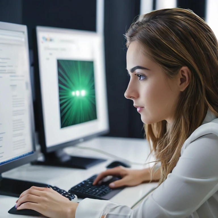 Garota Detalhada realista na frente do computador usando Tecnologia